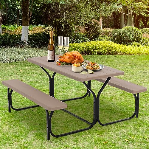 GYMAX Picnic Table, Picnic Bench Easy to Assemble w/All Weather Wood Grain Tabletop & Metal Frame, Picnic Tables for Outdoors Camping Backyard Deck Patio Poolside Dining Party - color: Brown