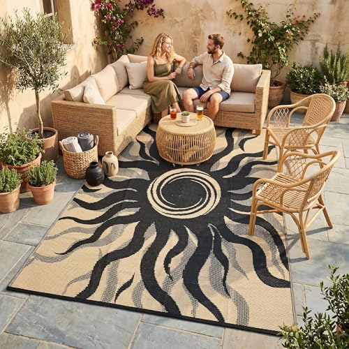 Garvee Outdoor Rug 9x12 Waterproof Patio Rugs with Boho Sun Pattern, Reversible Plastic Straw Camping Rugs Outdoor Indoor RV Mat Carpet for Deck, Backyard, Picnic, Porch, Balcony, Beach, Black - color: Black, size: 9' x 12' (Rectangular)