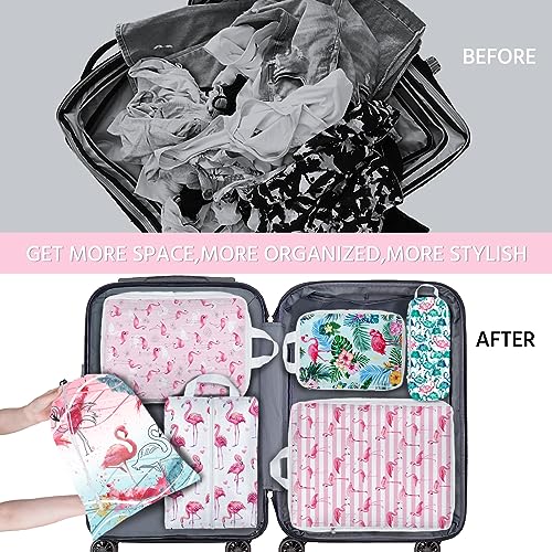 6 Pcs Compression Packing Cubes Waterproof Suitcase Travel Bag Luggage Backpack Organizer Travel Cubes for Packing-Flamingo - color: Flamingo