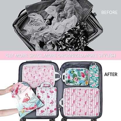 6 Pcs Compression Packing Cubes Waterproof Suitcase Travel Bag Luggage Backpack Organizer Travel Cubes for Packing-Flamingo - color: Flamingo