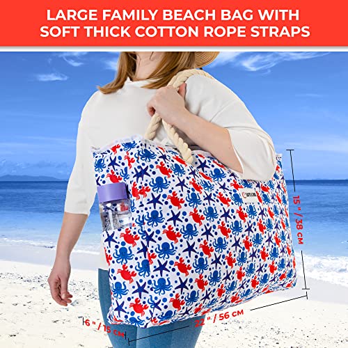 Beach Bag and Pool Bag Has Cooler Pocket, 7 Pockets Total, Zip Top. Family Size Waterproof Beach Tote - color: Underwater World