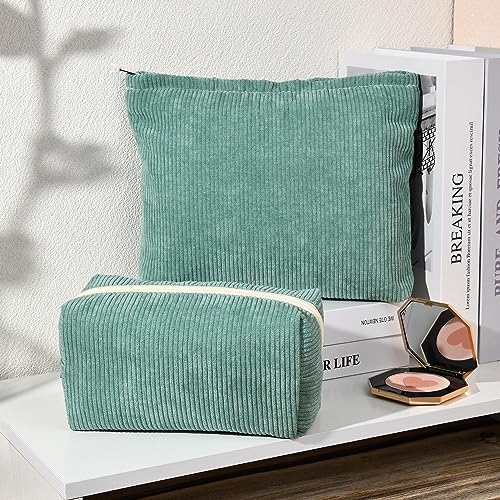 SOIDRAM 2 Pieces Makeup Bag Large Corduroy Cosmetic Bag Capacity Canvas Mix Travel Toiletry Bag Organizer Cute Makeup Brushes Aesthetic Accessories Storage Bag for Women, Corduroy Mix Green - color: Corduroy Green