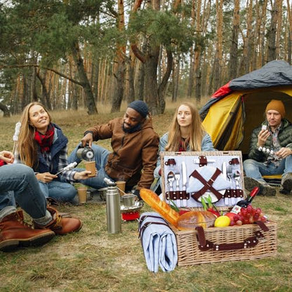 Picnic Baskets Wicker Willow Picnic Set for 4 Persons with Insulated Cooler Bag and Waterproof Blue Picnic Blanket Gift for Christmas Thanksgiving Wedding Birthday Camp Outdoor Beach Travel - color: Light Blue
