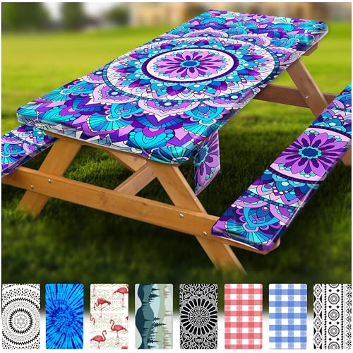 Fitted Picnic Table Cover with Bench Covers Vinyl Waterproof Elastic Edges Fitted Rectangle Tables Patio Tablecloth Camping Gear and Essentials Rv Accessories Road Trip Supplies Car Travel Must Haves - color: Purple Mandala, size: 72in