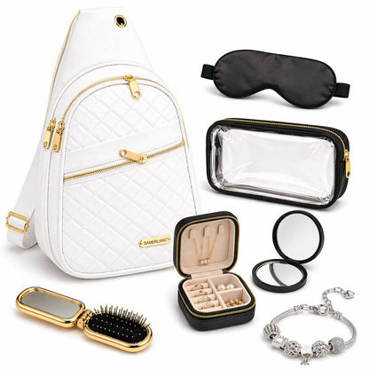 Travel Essentials Gift Set for Women – 7 Pc Travel Kit with Sling Bag, TSA Pouch, Jewelry Case & Sleep Mask - color: Winter Muse