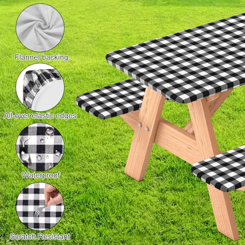 3 Pcs Set Fitted Picnic Table Cover with Bench Covers Vinyl Camping Table Cloth Flannel Backing Picnic Table Cloth for 6ft Tables Camping Outdoor (Black Checked, 30 x 72 Inches) - color: Black and White Plaid