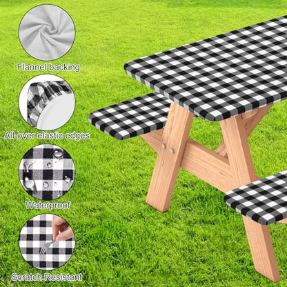 3 Pcs Set Fitted Picnic Table Cover with Bench Covers Vinyl Camping Table Cloth Flannel Backing Picnic Table Cloth for 6ft Tables Camping Outdoor (Black Checked, 30 x 72 Inches) - color: Black and White Plaid