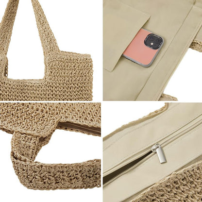 Straw Beach Tote Bag: Large Summer Boho Woven Bags - Rattan Handmade Shoulder Handbags for Women - color: Beige