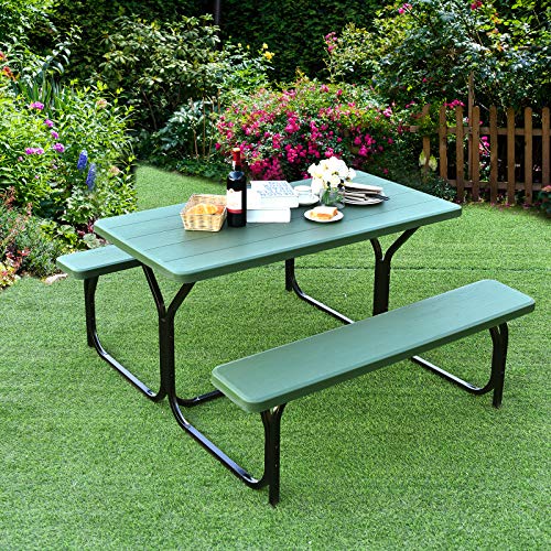 GYMAX Picnic Table, Picnic Bench Easy to Assemble w/All Weather Wood Grain Tabletop & Metal Frame, Picnic Tables for Outdoors Camping Backyard Deck Patio Poolside Dining Party - color: Green