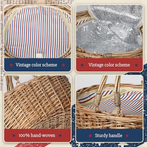 Wicker Picnic Basket with Insulated Lined Bag 15“ x 11” x 7“ Red, White,Blue Star Stripe Pattern, Iced Beer Insulated Bag for Camping, Picnics, Birthday Gifts, Wedding Gifts - color: Classic Red and Blue Stripes