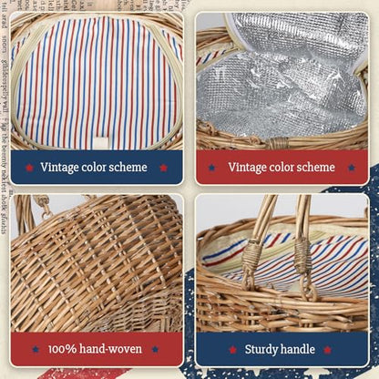Wicker Picnic Basket with Insulated Lined Bag 15“ x 11” x 7“ Red, White,Blue Star Stripe Pattern, Iced Beer Insulated Bag for Camping, Picnics, Birthday Gifts, Wedding Gifts - color: Classic Red and Blue Stripes