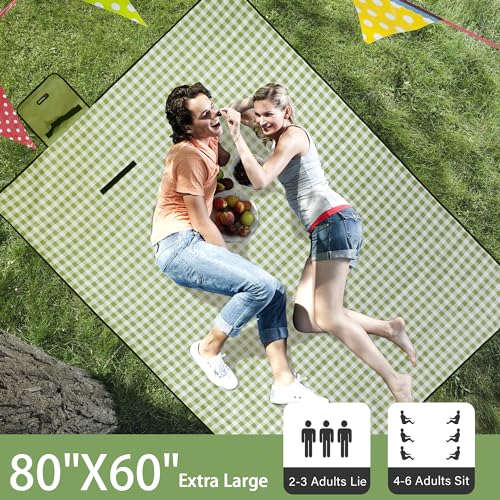 HX&OD Picnic Blanket Outdoor Extra Large Picnic Mat 80"X60" Camping Blanket Beach Blanket Foldable Waterproof Sand Mat Hiking Travel Family Concerts(Green) - color: Green, size: 80”x 60”