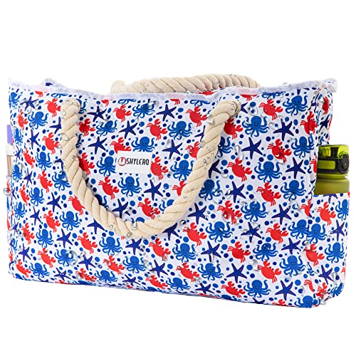 Beach Bag and Pool Bag Has Cooler Pocket, 7 Pockets Total, Zip Top. Family Size Waterproof Beach Tote - color: Underwater World