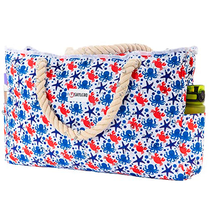 Beach Bag and Pool Bag Has Cooler Pocket, 7 Pockets Total, Zip Top. Family Size Waterproof Beach Tote - color: Underwater World