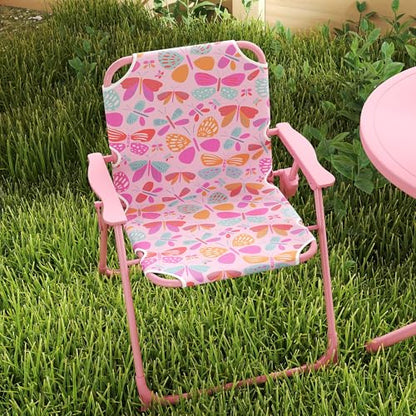 Qaba Kids Picnic Table and Chair Set, Outdoor Activity Table with Foldable Chairs, Removable Umbrella, Butterfly Pattern Toddler Patio Furniture for Backyard, Garden, Pink