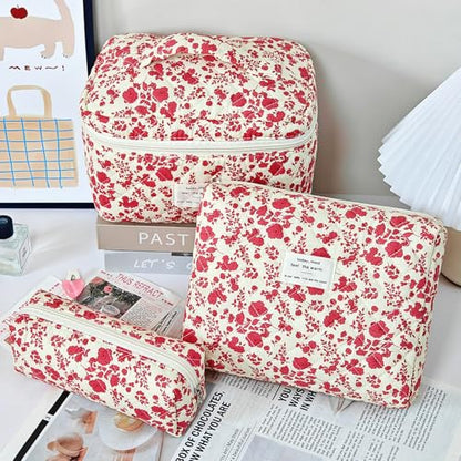 GISMTR 3Pcs Makeup Bag Cotton Quilted Travel Cosmetic Bag Cute Floral Makeup Pouch Large Toiletry Bag for Women Girls - color: Red flowers