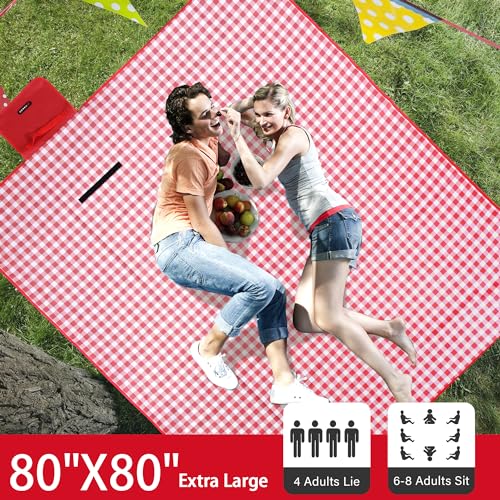 HX&OD Outdoor Picnic Blanket 80"X80" Picnic Mat Extra Large Camping Blanket Beach Blanket Foldable Waterproof Sand Mat Hiking Travel Family Concerts(Red) - color: Red, size: 80”x 80”