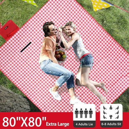 HX&OD Outdoor Picnic Blanket 80"X80" Picnic Mat Extra Large Camping Blanket Beach Blanket Foldable Waterproof Sand Mat Hiking Travel Family Concerts(Red) - color: Red, size: 80”x 80”