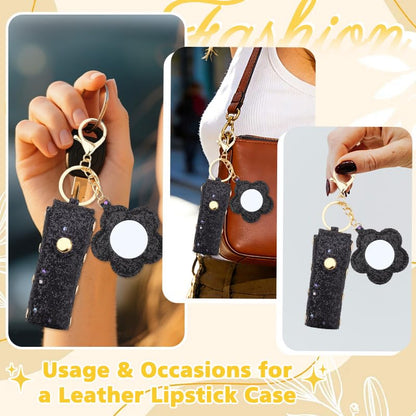 Sisadodo Glitter Lip Oil Holder Key Chains for Woman Lipstick Case with Mirror Lip Balm Keychain for Lipstick Case Keychain - color: Black-flower