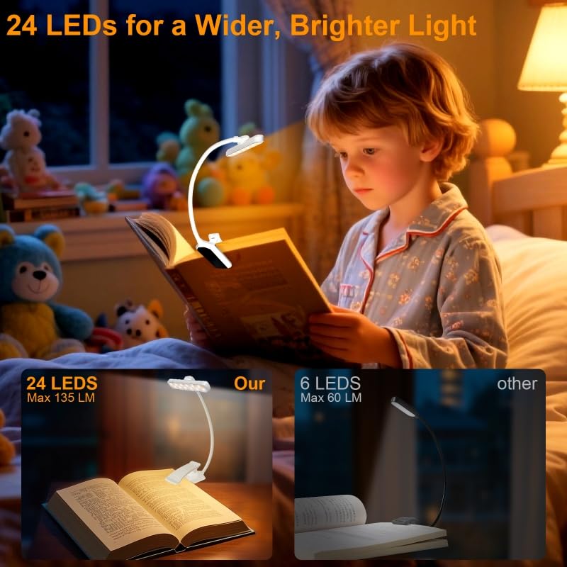 karidi Rechargeable 24 LED Book Light for Reading, 360° Flexible Gooseneck, 5 Color Tones, Clip-on for Books/Tablet/Bed, USB-C, 80H Glare-Free Eye Care (White) - color: White