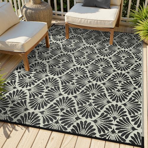 Lahome Outdoor Rug Patio Waterproof 6x9, Black Outdoor Plastic Straw Rug for Porch, Portable Lightweight Mats for Backyard Garden Deck Camping Outside, Black White,6'x9' - color: Black, size: 6' x 9' (Rectangular)