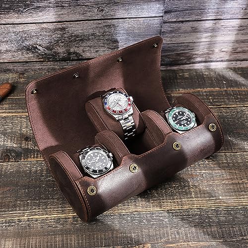 Personalized Custom Name Watch Case Roll Organizer, Luxury Genuine Leather Travel 3-Watches Case For Watch and Bracelet (05 Coffee) - color: 05 Coffee