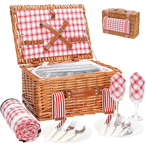 Wicker Picnic Basket for 2 with Large Insulated Cooler Compartment and Waterproof Picnic Blanket, Cutlery Service Kits, Wicker Picnic Hamper for Camping, Valentine Day,Thanks Giving,Birthday(Red) - color: Red Check, size: 15x11x7.5inch