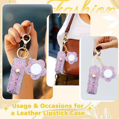 Sisadodo Glitter Lip Oil Holder Key Chains for Woman Lipstick Case with Mirror Lip Balm Keychain for Lipstick Case Keychain - color: Purple-flower