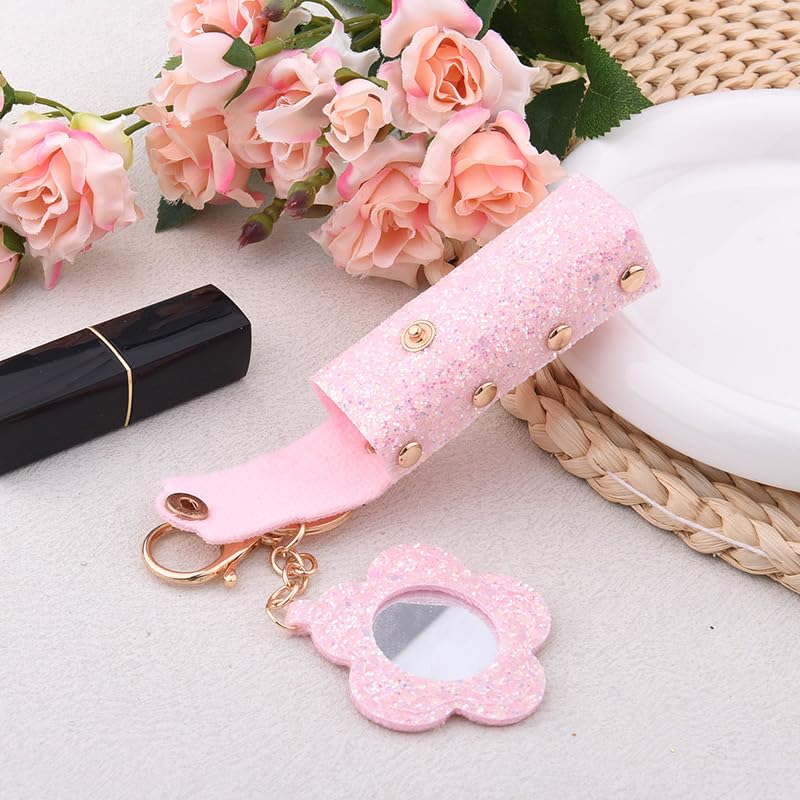 Sisadodo Glitter Lip Oil Holder Key Chains for Woman Lipstick Case with Mirror Lip Balm Keychain for Lipstick Case Keychain - color: Pink-flower