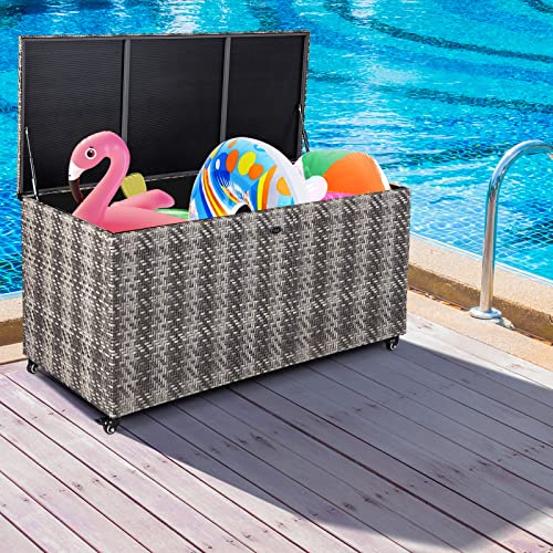 Tangkula 96 Gallon Deck Box, PE Wicker Outdoor Storage Box with 4 Wheels and Waterproof Liner, Outdoor Rectangular Storage Container for Cushions, Garden Tools (Mix Gray) - color: Mix Gray