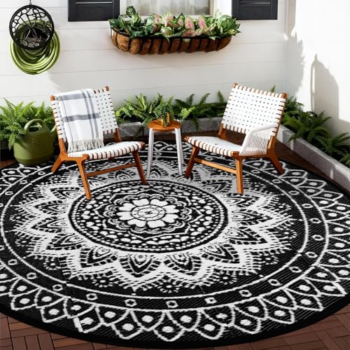 Round Outdoor Rugs for Patios, 10Ft Waterproof Reversible Plastic Straw Mat with Carry Bags, Boho Lightweight Outdoor Carpet Portable Round Floor Mat for Patio Camping Picnic Backyard RV,Black & White - color: Black & White, size: 10' (Round)