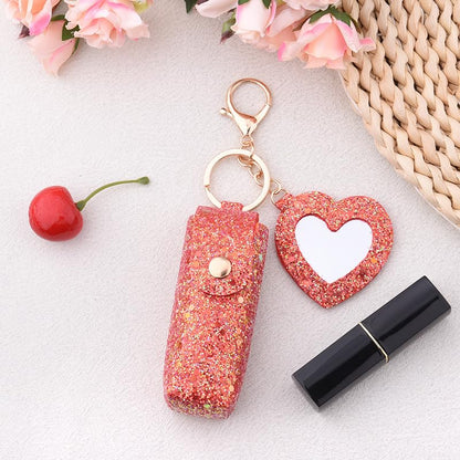 Sisadodo Glitter Lip Oil Holder Key Chains for Woman Lipstick Case with Mirror Lip Balm Keychain for Lipstick Case Keychain - color: Red-heart