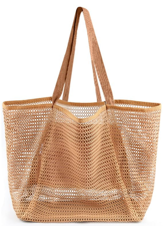 HOHOM Beach Bags for Women, Summer Travel Mesh Tote Bag with Large Inner Pocket, Sandproof Woven Shoulder Handbag - color: Tan