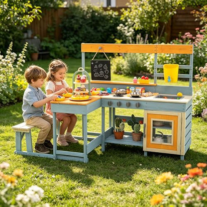 HONEY JOY Mud Kitchen & Kids Picnic Table, 2 in 1 Fir Wood Play Kitchen w/Built-in Bench, Blackboard, Water Box, Sink, Dessert & Cookware, Outdoor Kitchen Playset for Backyard