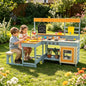 HONEY JOY Mud Kitchen & Kids Picnic Table, 2 in 1 Fir Wood Play Kitchen w/Built-in Bench, Blackboard, Water Box, Sink, Dessert & Cookware, Outdoor Kitchen Playset for Backyard