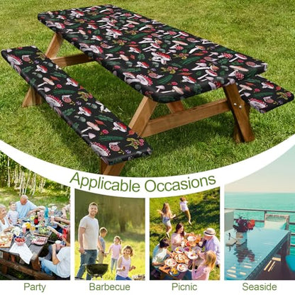 Picnic Table Cover with Bench Covers 6FT 3 Pcs Waterproof Windproof Aesthetic Camping Tablecloth with Drawstring Bag, Fitted for 6 Foot Rectangle Tables and Seats, 72 inch, Black Green Red - color: Black Green Red