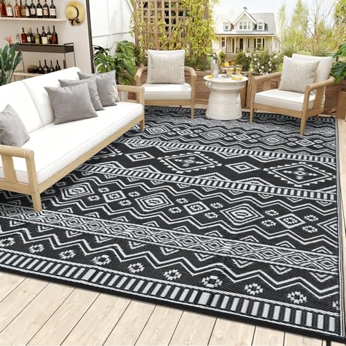 Waterproof Large Outdoor Rug, Plastic Non-Slip Reversible, Lightweight Easy Clean UV Resistant Rug Foldable Camping Carpet for Outside, Patio, Picnic, Balcony, Porchfor Deck RV Beach Black/White - color: Black and White, size: 10' x 20' (Rectangular)