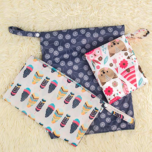 babygoal Wet Dry Bags for Baby Cloth Diapers, Washable Travel Bags, Beach, Pool, Gym Bag for Swimsuits & Wet Clothes with Two Zippered Pockets 3 Pack, 3LN11 - color: Dandelion&Owl&Feather