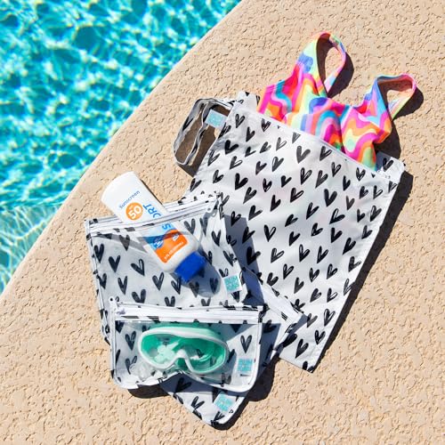 Bumkins - Waterproof Wet Bag & Clear Travel Bags - For Beach, Baby, Travel, Swim Suit, Cloth Diapers, Pump Parts, Pool, Gym, Toiletries - Reusable & Easy to Clean - Black Hearts - 4 Pack - color: A6 Black Hearts-4