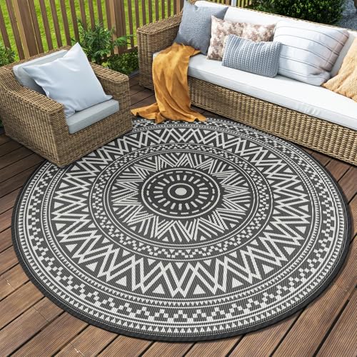 MontVoo Outdoor Rug Carpet Waterproof Round 10ft Outdoor Patio Rug Mat Reverisble Plastic Straw Outdoor Rug for RV Camping Picnic Beach Balcony Boho Grey - color: Grey, size: 10' (Round)