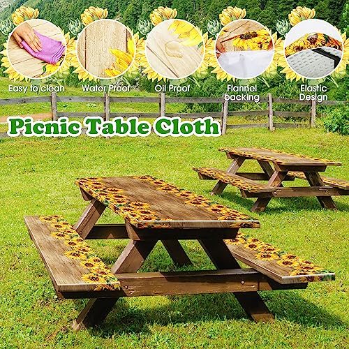 Boao 3 Pcs Vinyl Picnic Table Cover with Bench Cover 6 ft 30 x 72 Inch Waterproof Fitted Tablecloth Flannel Backing Rectangular Elastic Edged for Camping Outdoor Patio Travel(Retro Sunflower) - color: Retro Sunflower