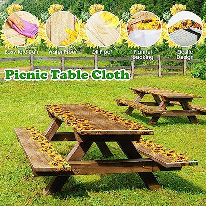 Boao 3 Pcs Vinyl Picnic Table Cover with Bench Cover 6 ft 30 x 72 Inch Waterproof Fitted Tablecloth Flannel Backing Rectangular Elastic Edged for Camping Outdoor Patio Travel(Retro Sunflower) - color: Retro Sunflower