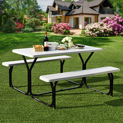 Giantex Picnic Table Bench Set Outdoor Camping All Weather Metal Base Wood-Like Texture Backyard Poolside Dining Party Garden Patio Lawn Deck Large Camping Picnic Tables for Adult (White) - color: White