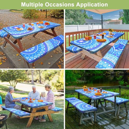 Picnic Table Cover with Bench Covers 6FT 3 Pcs Waterproof Windproof Aesthetic Camping Tablecloth with Drawstring Bag, Fitted for 6 Foot Rectangle Tables and Seats, 72 inch, Light Blue Purple - color: Light Blue Purple