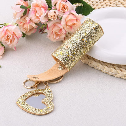 Sisadodo Glitter Lip Oil Holder Key Chains for Woman Lipstick Case with Mirror Lip Balm Keychain for Lipstick Case Keychain - color: Gold-heart