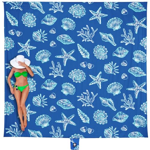 WEKAPO Beach Blanket Waterproof Sandproof Oversized, Extra Large Beach Mat Sand Free, Lightweight & Compact Sand Free Mat with 5 Stakes & 4 Corner Pockets - color: Blue Sea Shells, size: 8 x 7 FT (1～4 person)
