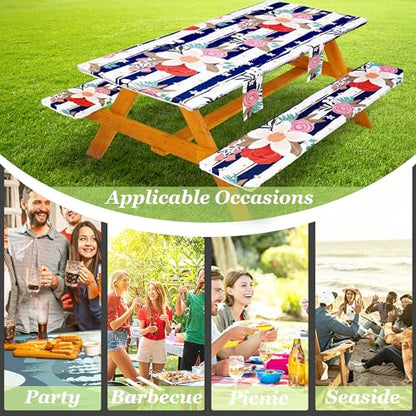 Fitted Picnic Table Cover with Bench Covers Set, Waterproof Lightweight Rectangle 96in Folding Table Cloths Canopy Shade Slipcover Cool Unique Fun Camping Gift for Camper Women Men Family Rv Owners - color: Blue White Stripes Flowers, size: 96in