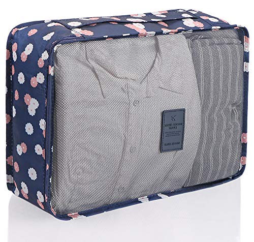 Mossio 7 Set Packing Cubes with Shoe Bag - Travel Carry On Luggage Organizer - color: Navy Daisy