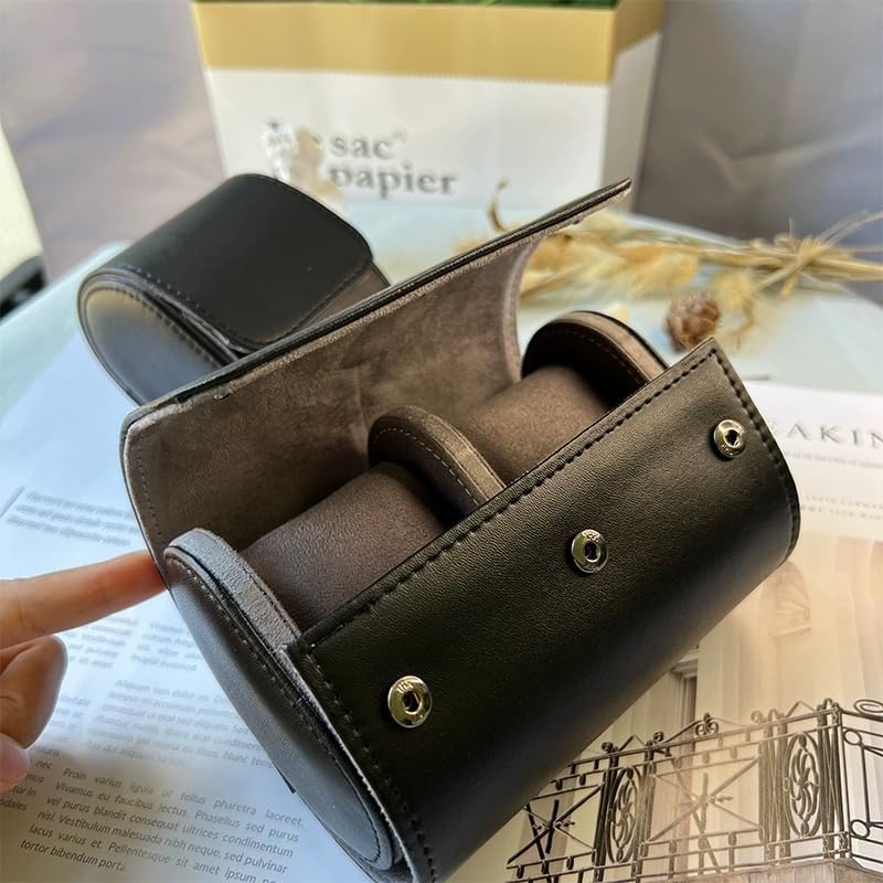 Watch Roll Travel Case - Handmade Leather Watch Rolls Box for Man - Travel Watch Roll with Velvet to Protection - Watch Roll Organizer to Home Secure Storage - color: 2-BLACK grey