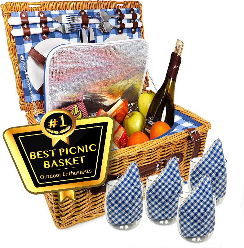 Nature Gear Picnic Basket, Wicker Basket with Handle for Outdoors, Insulated Woven Basket, Includes a Service Kit of Dinnerware & Wine Glasses, Picnic Basket Set for 4, Blue & White - color: Blue & White